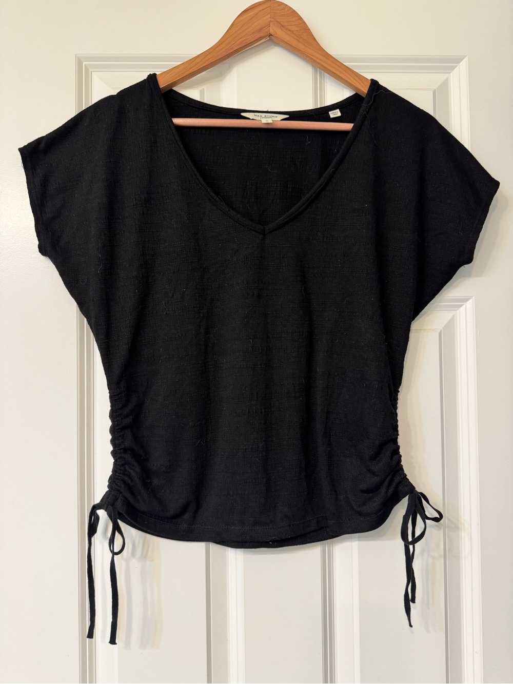 Max Studio Black V-Neck Side Ruched Tie Crop Top